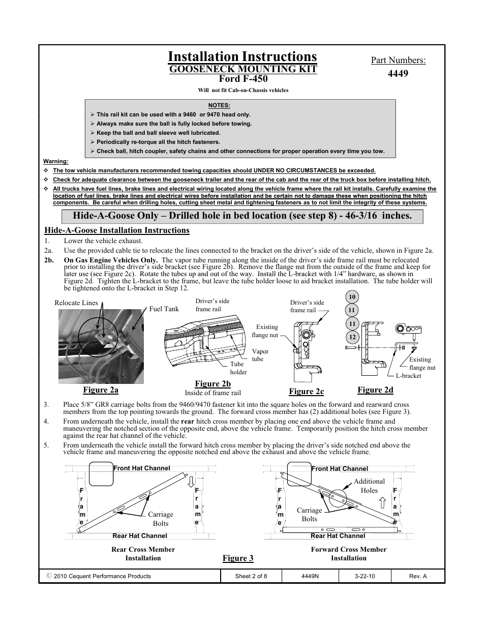 Installation instructions, Gooseneck mounting kit ford f-450, Part numbers | Hide-a-goose installation instructions, Figure 2b, Figure 2c figure 2d, Figure 2a, Figure 3 | Draw-Tite 4449 GOOSENECK RAIL KIT User Manual | Page 2 / 8