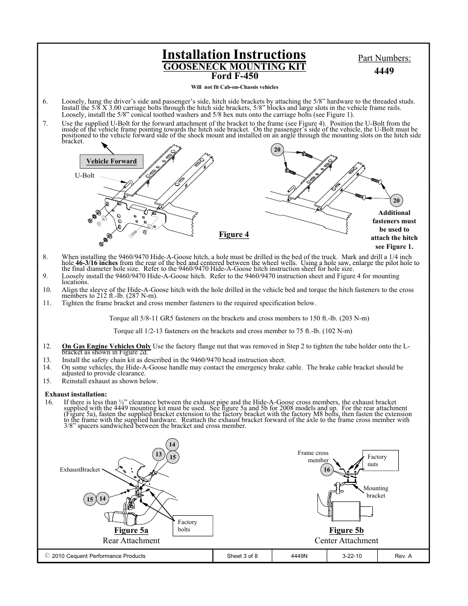 Installation instructions, Gooseneck mounting kit ford f-450, Part numbers | Draw-Tite 4449 GOOSENECK RAIL KIT User Manual | Page 3 / 8