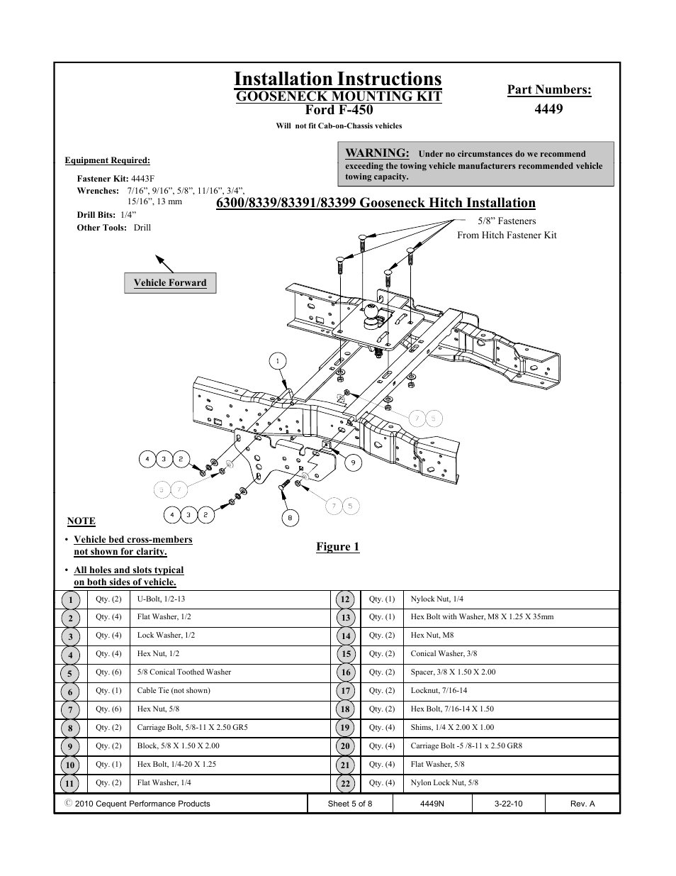Installation instructions, Gooseneck mounting kit ford f-450, Part numbers | Warning, Figure 1 | Draw-Tite 4449 GOOSENECK RAIL KIT User Manual | Page 5 / 8