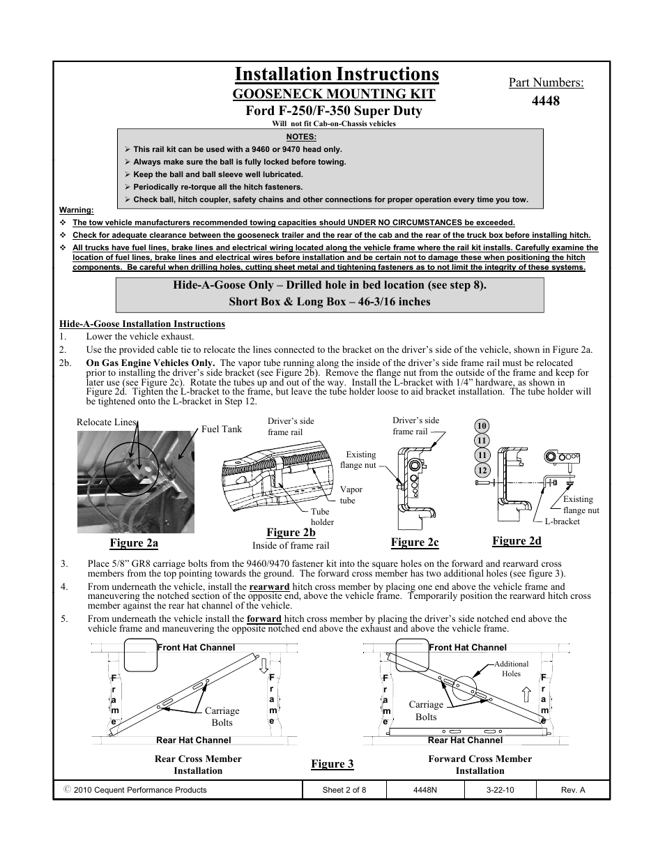 Installation instructions, Part numbers, Figure 2b | Figure 2c figure 2d, Figure 2a, Figure 3 | Draw-Tite 4448 GOOSENECK RAIL KIT User Manual | Page 2 / 8