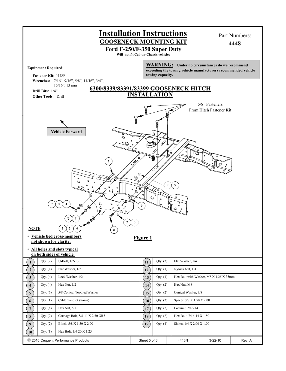 Installation instructions, Part numbers, Warning | Figure 1 | Draw-Tite 4448 GOOSENECK RAIL KIT User Manual | Page 5 / 8