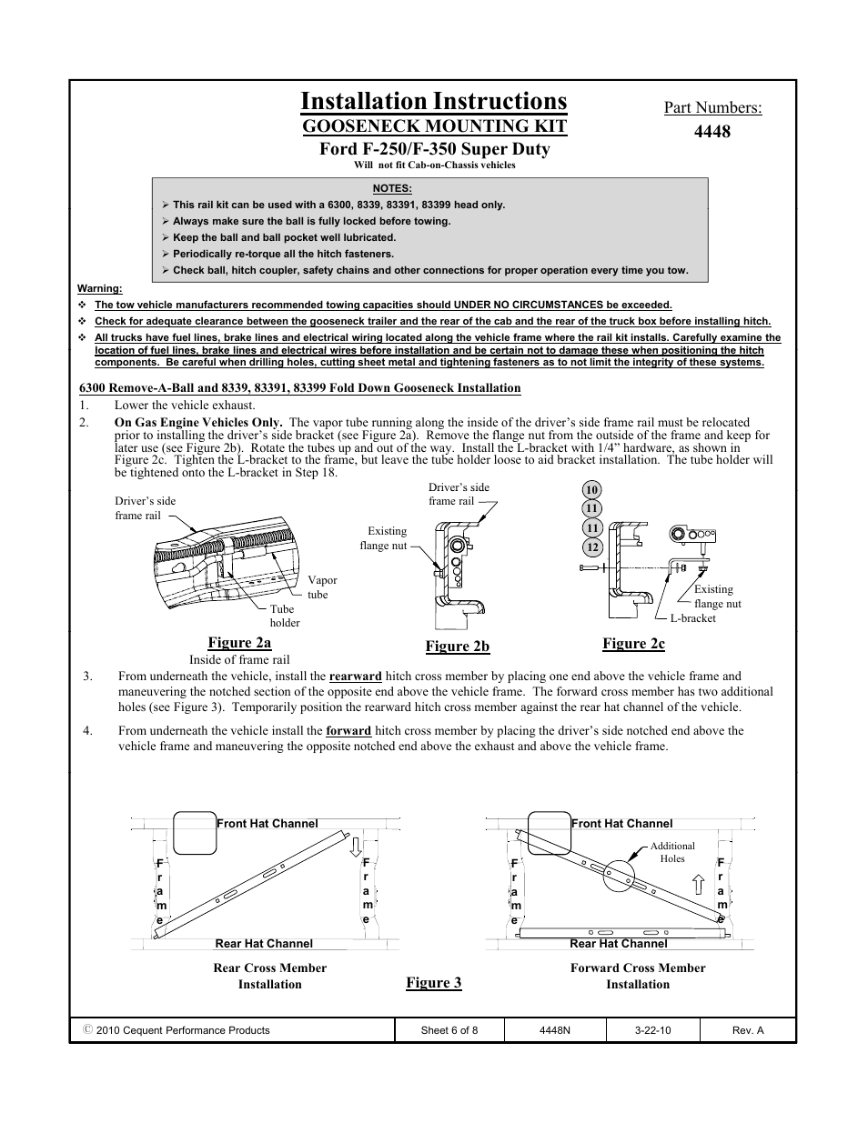 Installation instructions, Part numbers, Figure 2b figure 2c figure 2a | Figure 3 | Draw-Tite 4448 GOOSENECK RAIL KIT User Manual | Page 6 / 8