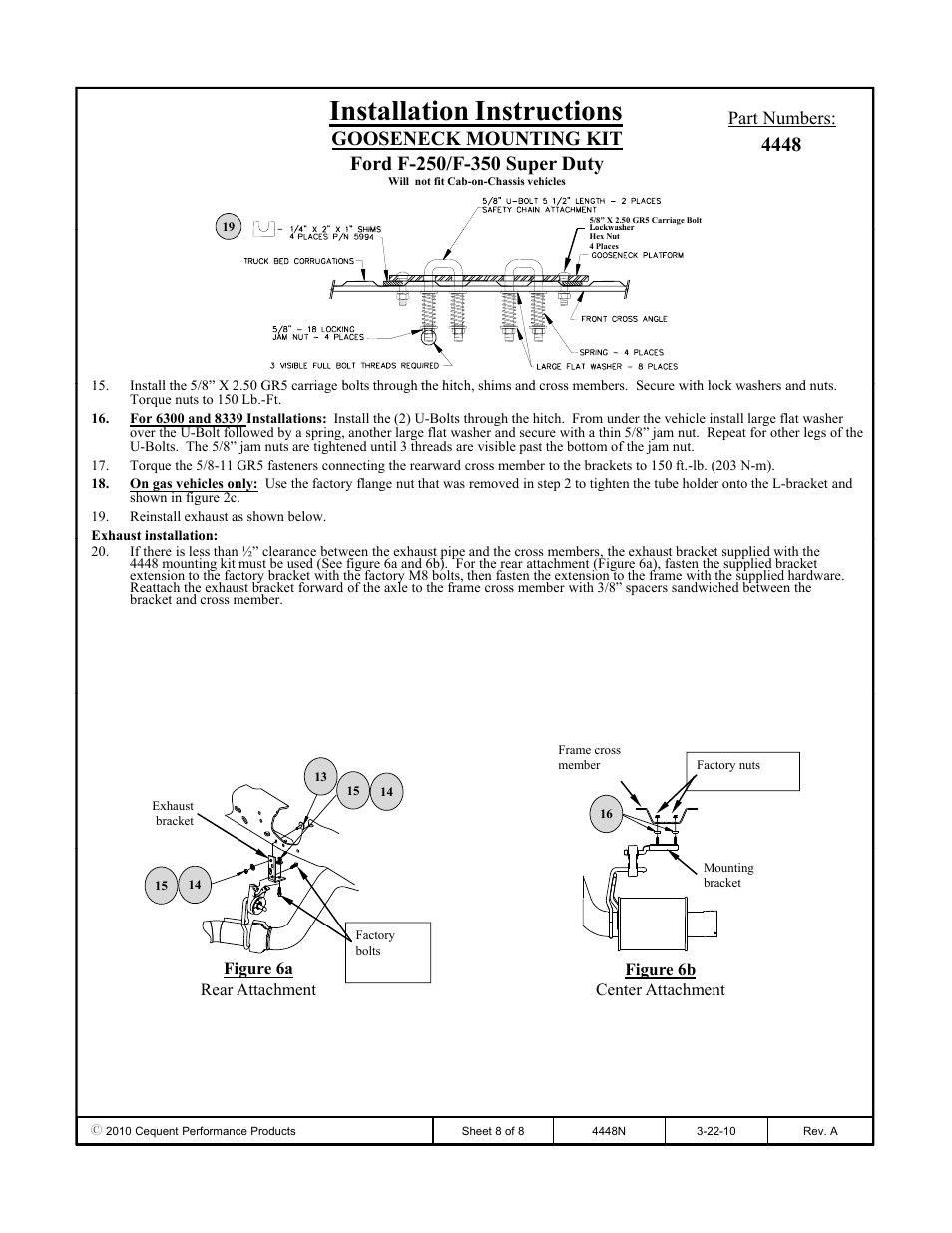 Installation instructions, Part numbers | Draw-Tite 4448 GOOSENECK RAIL KIT User Manual | Page 8 / 8