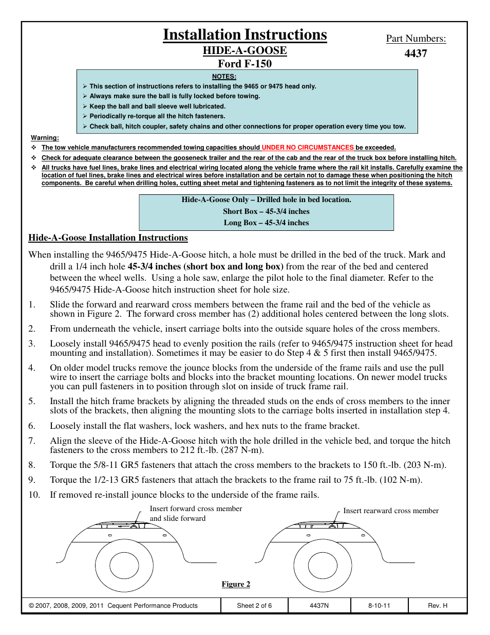 Installation instructions, Part numbers | Draw-Tite 4437 GOOSENECK RAIL KIT User Manual | Page 2 / 6