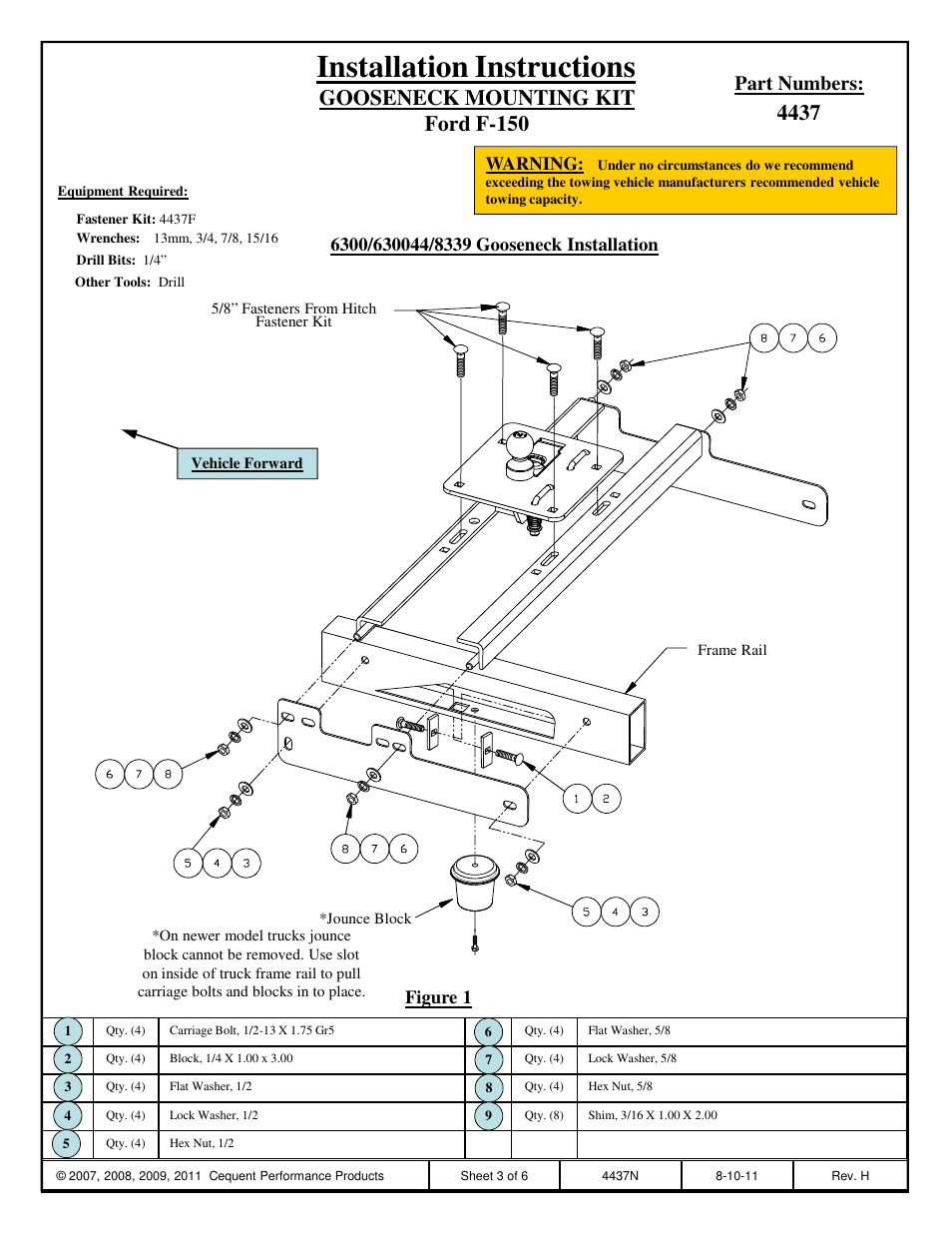 Installation instructions, Gooseneck mounting kit ford f-150, Part numbers | Warning, Figure 1 | Draw-Tite 4437 GOOSENECK RAIL KIT User Manual | Page 3 / 6