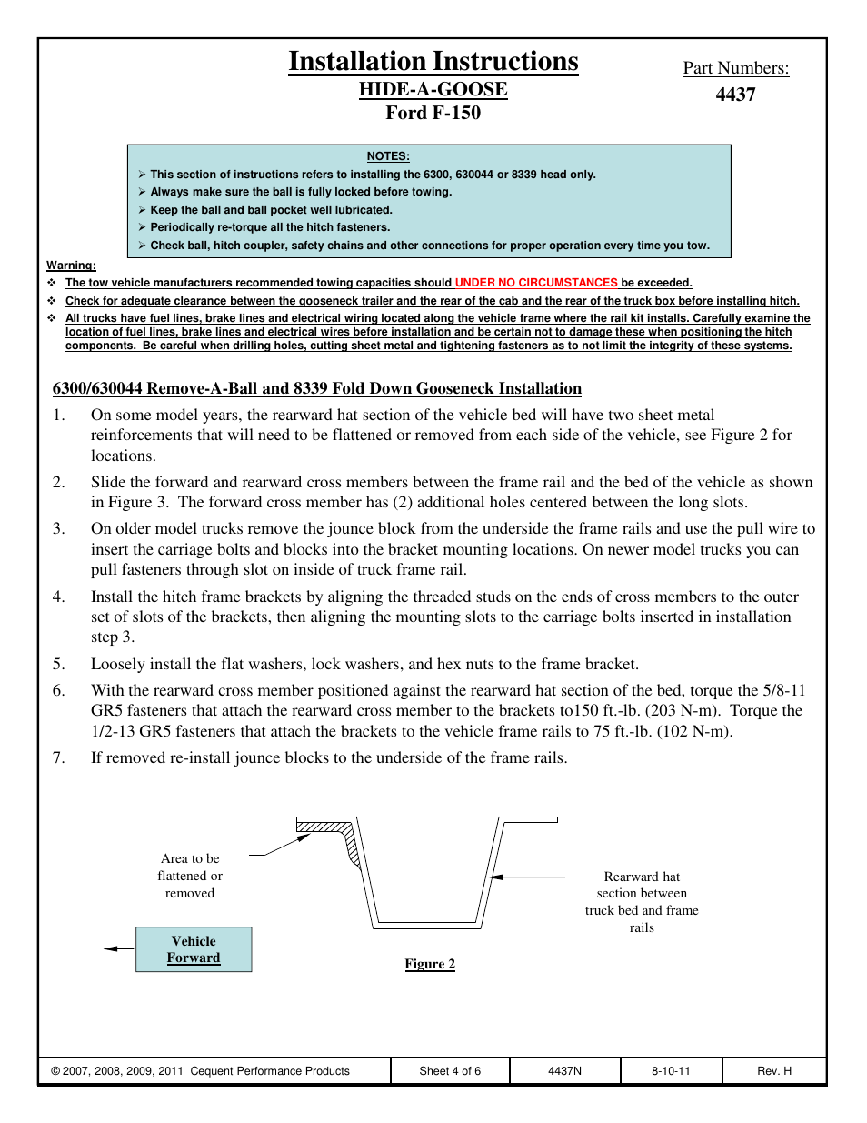 Installation instructions, Part numbers | Draw-Tite 4437 GOOSENECK RAIL KIT User Manual | Page 4 / 6