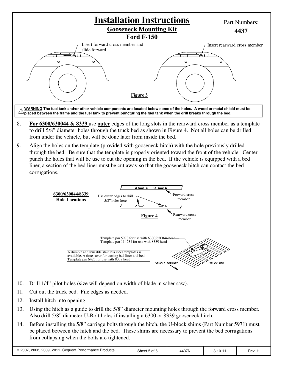 Installation instructions, Part numbers | Draw-Tite 4437 GOOSENECK RAIL KIT User Manual | Page 5 / 6