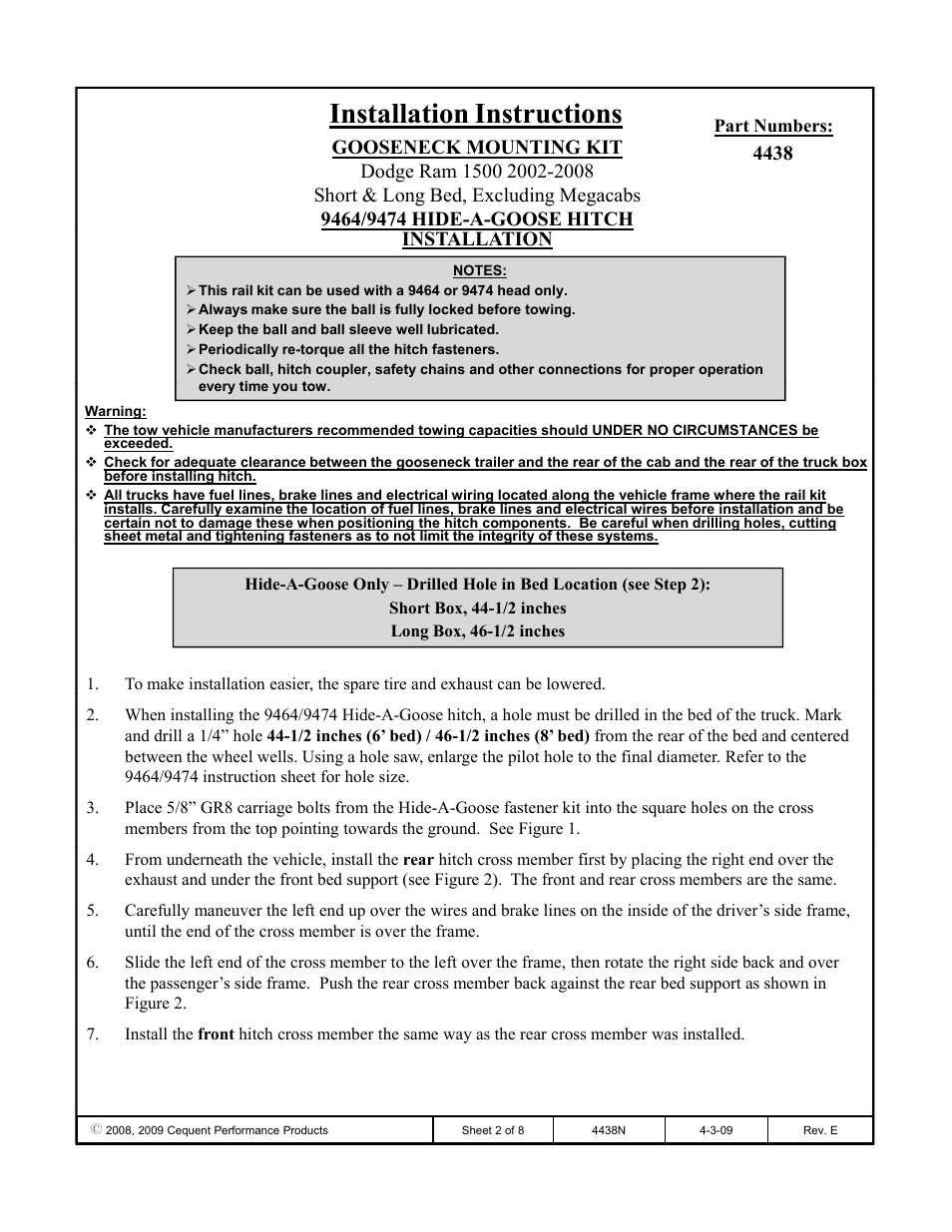 Installation instructions, Installation | Draw-Tite 4438 GOOSENECK RAIL KIT User Manual | Page 2 / 8