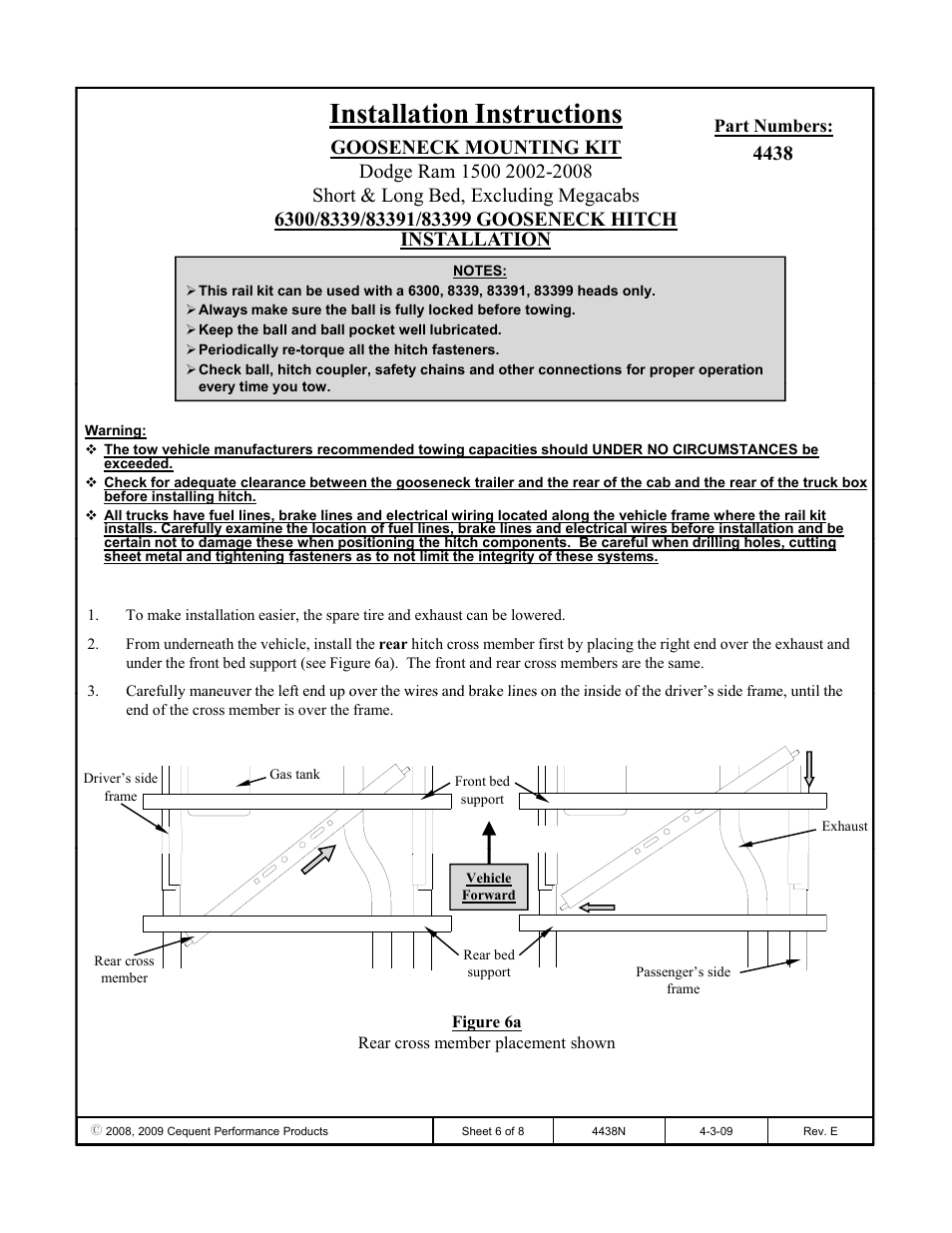 Installation instructions, Installation | Draw-Tite 4438 GOOSENECK RAIL KIT User Manual | Page 6 / 8