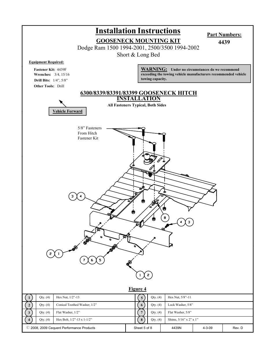 Installation instructions, Part numbers, Warning | Figure 4 | Draw-Tite 4439 GOOSENECK RAIL KIT User Manual | Page 5 / 8