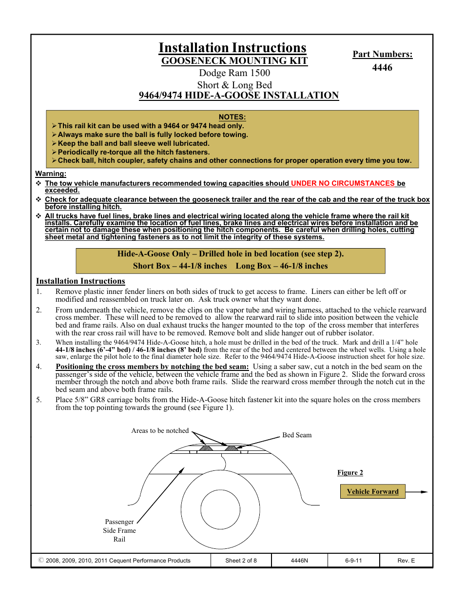 Installation instructions, Part numbers | Draw-Tite 4446 GOOSENECK RAIL KIT User Manual | Page 2 / 8