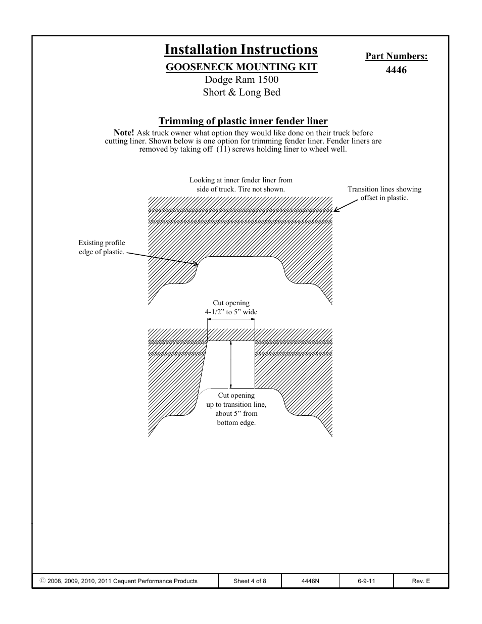 Installation instructions, Part numbers | Draw-Tite 4446 GOOSENECK RAIL KIT User Manual | Page 4 / 8