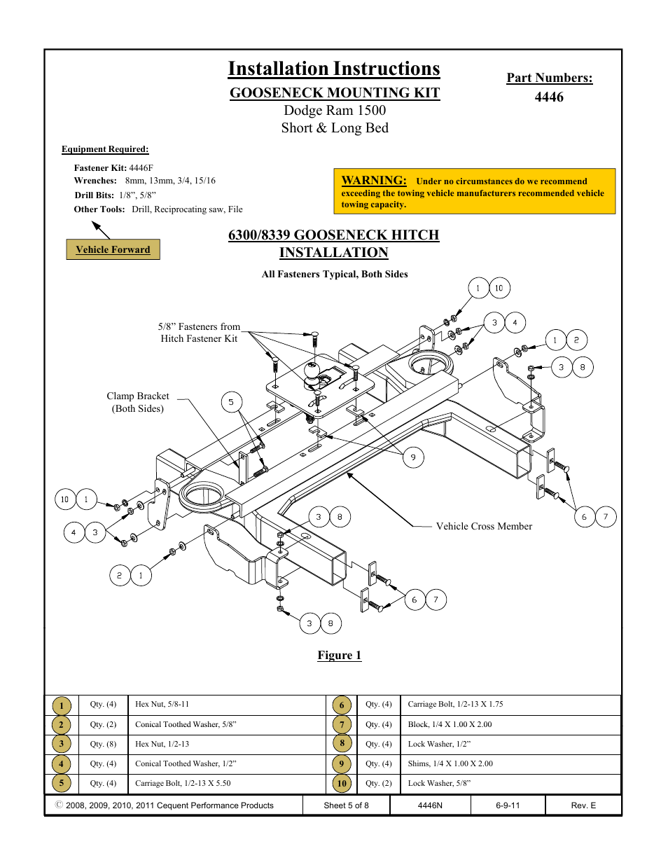 Installation instructions, Part numbers, Warning | Figure 1 | Draw-Tite 4446 GOOSENECK RAIL KIT User Manual | Page 5 / 8