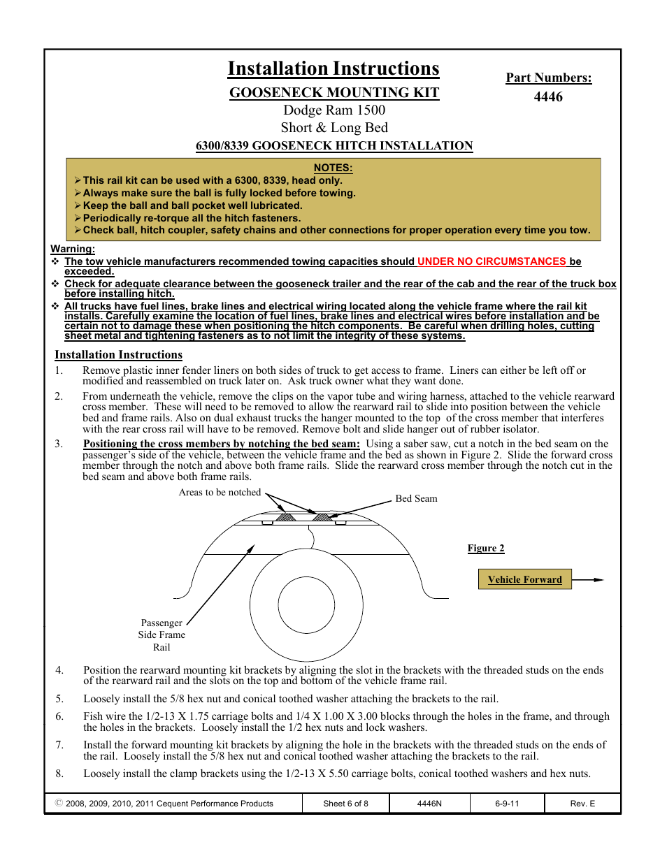 Installation instructions, Part numbers | Draw-Tite 4446 GOOSENECK RAIL KIT User Manual | Page 6 / 8