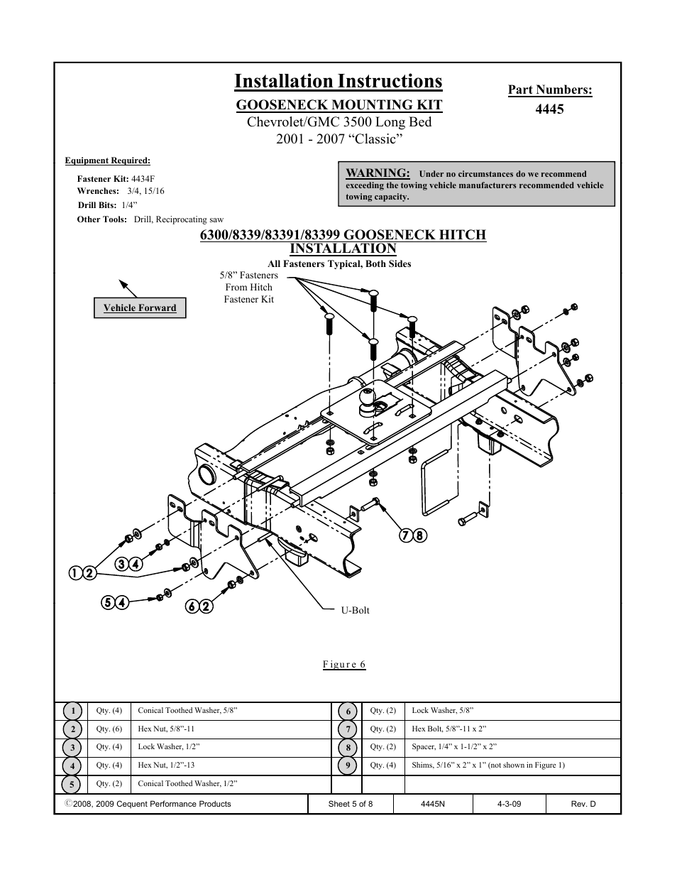 Installation instructions, Part numbers, Warning | Draw-Tite 4445 GOOSENECK RAIL KIT User Manual | Page 5 / 8