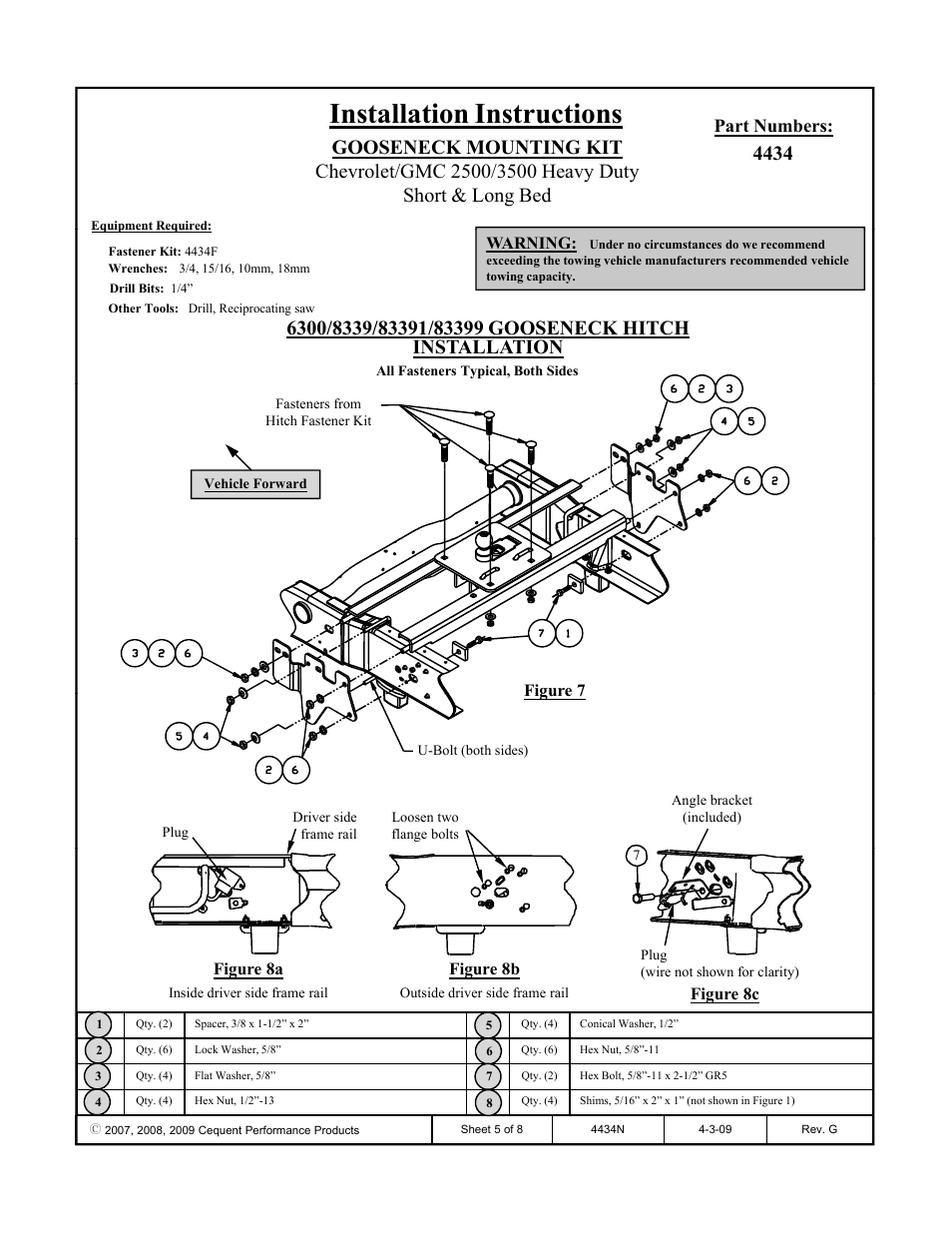 Installation instructions, Part numbers | Draw-Tite 4434 GOOSENECK RAIL KIT User Manual | Page 5 / 8