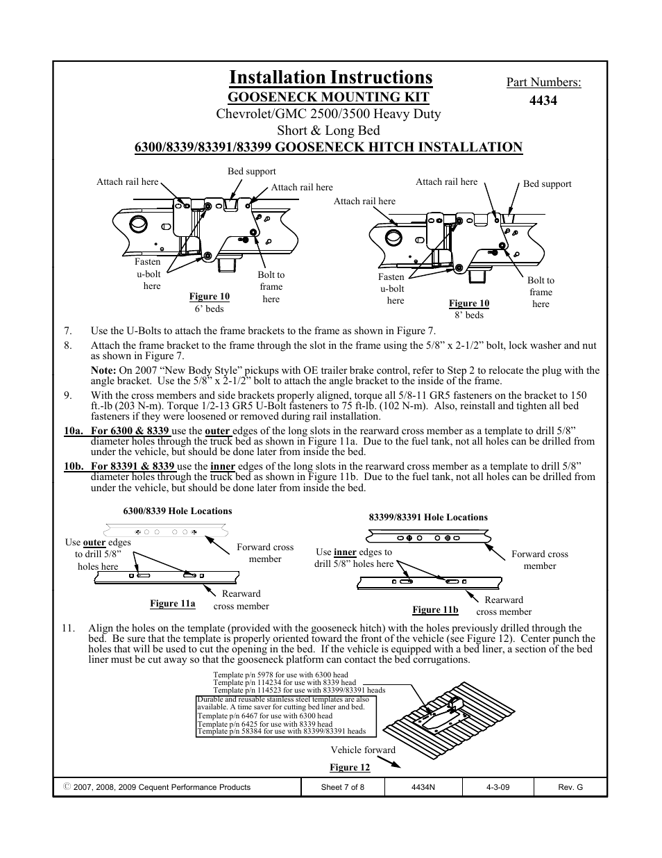 Installation instructions, Part numbers | Draw-Tite 4434 GOOSENECK RAIL KIT User Manual | Page 7 / 8