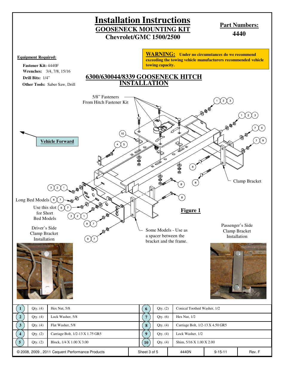 Installation instructions, Part numbers, Warning | Figure 1 | Draw-Tite 4440 GOOSENECK RAIL KIT User Manual | Page 3 / 5