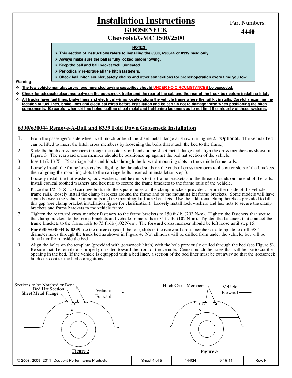 Installation instructions, Part numbers | Draw-Tite 4440 GOOSENECK RAIL KIT User Manual | Page 4 / 5