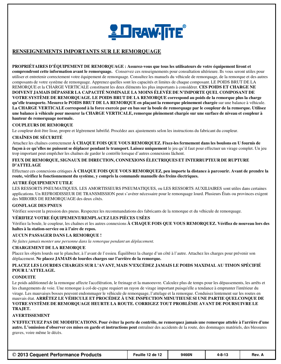 Draw-Tite 9466 HIDE-A-GOOSE - RAM User Manual | Page 12 / 12