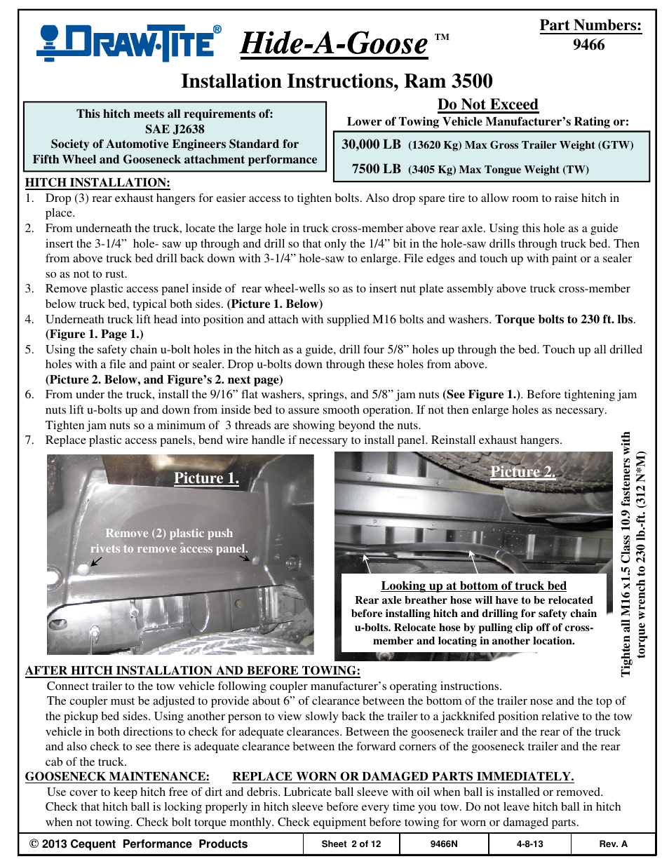 Hide hide--a a--goose goose, Installation instructions, ram 3500, Part numbers: 9466 | Do not exceed, Picture 1. picture 2 | Draw-Tite 9466 HIDE-A-GOOSE - RAM User Manual | Page 2 / 12