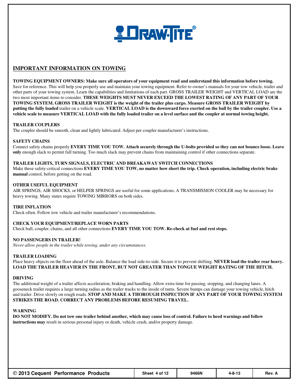 Draw-Tite 9466 HIDE-A-GOOSE - RAM User Manual | Page 4 / 12