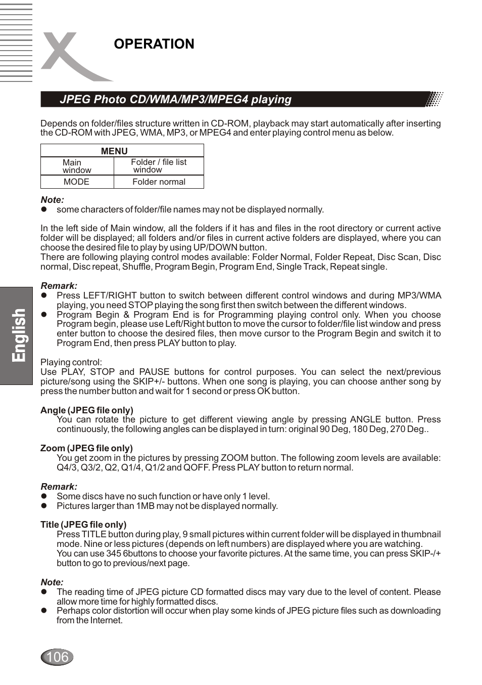 Operation, Jpeg photo cd/wma/mp3/mpeg4 playing | Xoro HSD 4000 User Manual | Page 106 / 124