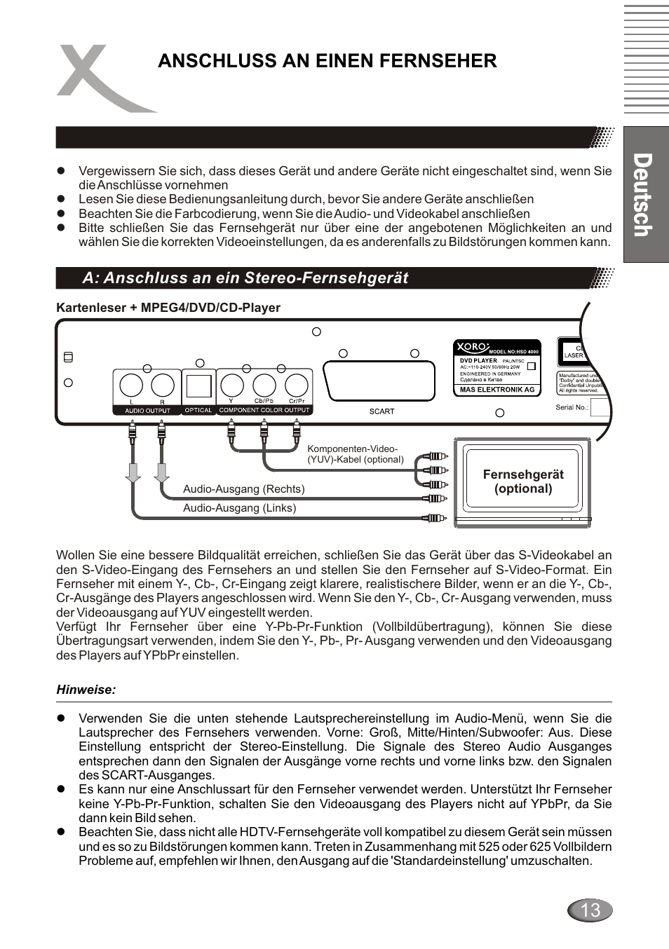 Anschluss an einen fernseher, A: anschluss an ein stereo-fernsehgerät | Xoro HSD 4000 User Manual | Page 13 / 124