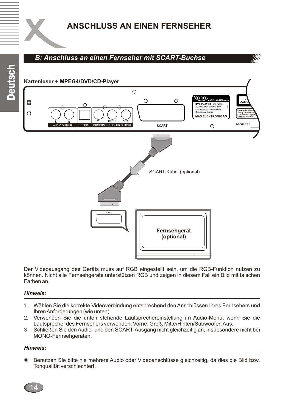 Anschluss an einen fernseher | Xoro HSD 4000 User Manual | Page 14 / 124