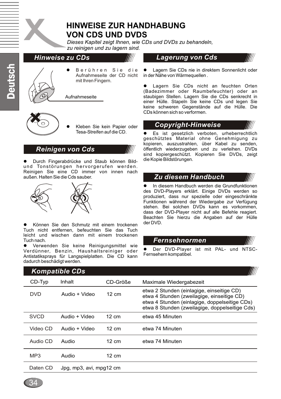Hinweise zur handhabung von cds und dvds, Просмотр jpeg картинок, Hinweise zu cds | Reinigen von cds | Xoro HSD 4000 User Manual | Page 34 / 124