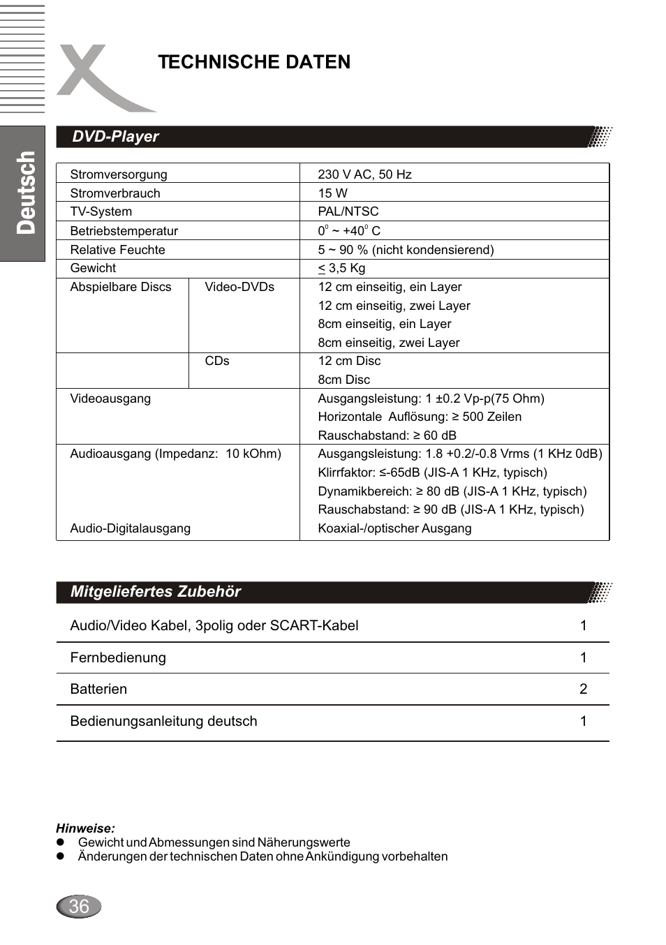 Technische daten, Dvd-player, Mitgeliefertes zubehör | Xoro HSD 4000 User Manual | Page 36 / 124