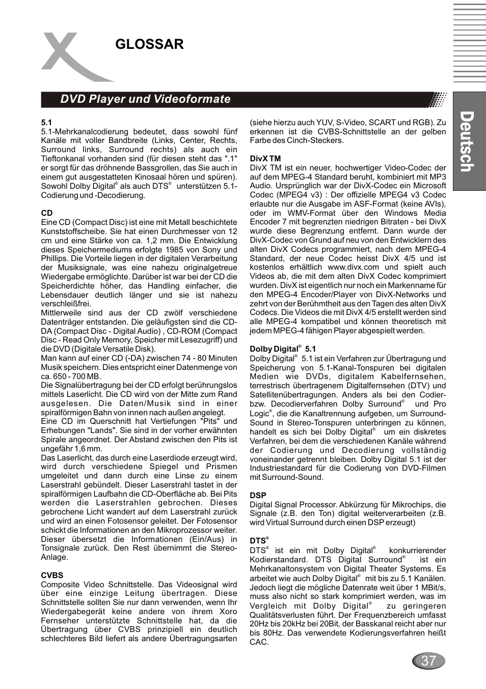 Glossar, Dvd player und videoformate | Xoro HSD 4000 User Manual | Page 37 / 124