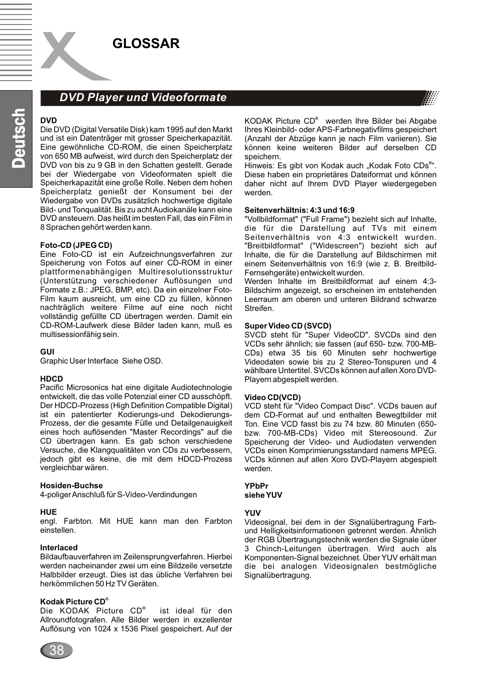 Glossar, Dvd player und videoformate | Xoro HSD 4000 User Manual | Page 38 / 124