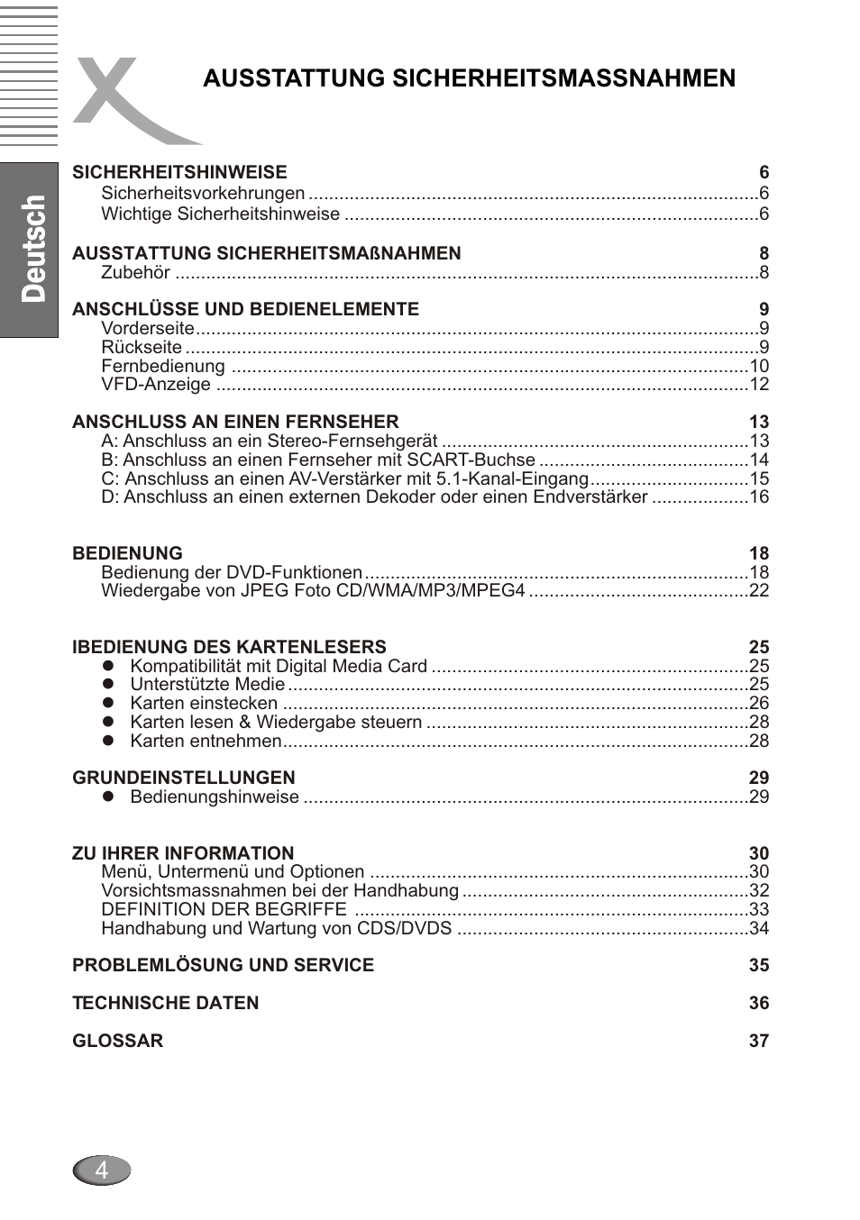 Ausstattung sicherheitsmassnahmen | Xoro HSD 4000 User Manual | Page 4 / 124