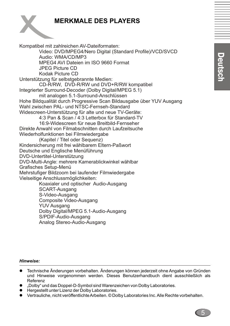Merkmale des players | Xoro HSD 4000 User Manual | Page 5 / 124