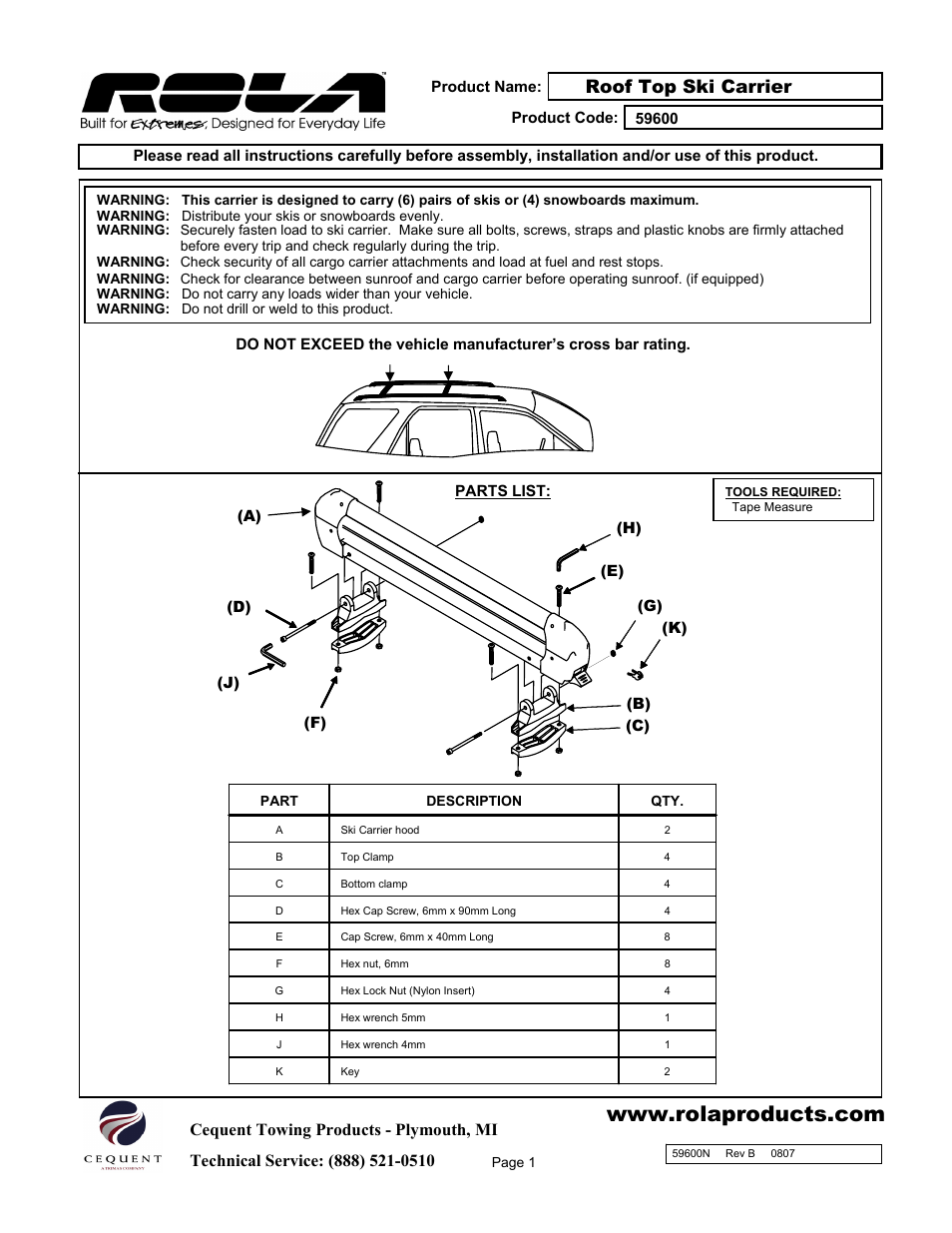 Draw-Tite 59600 ROOF TOP SKI CARRIER User Manual | 9 pages