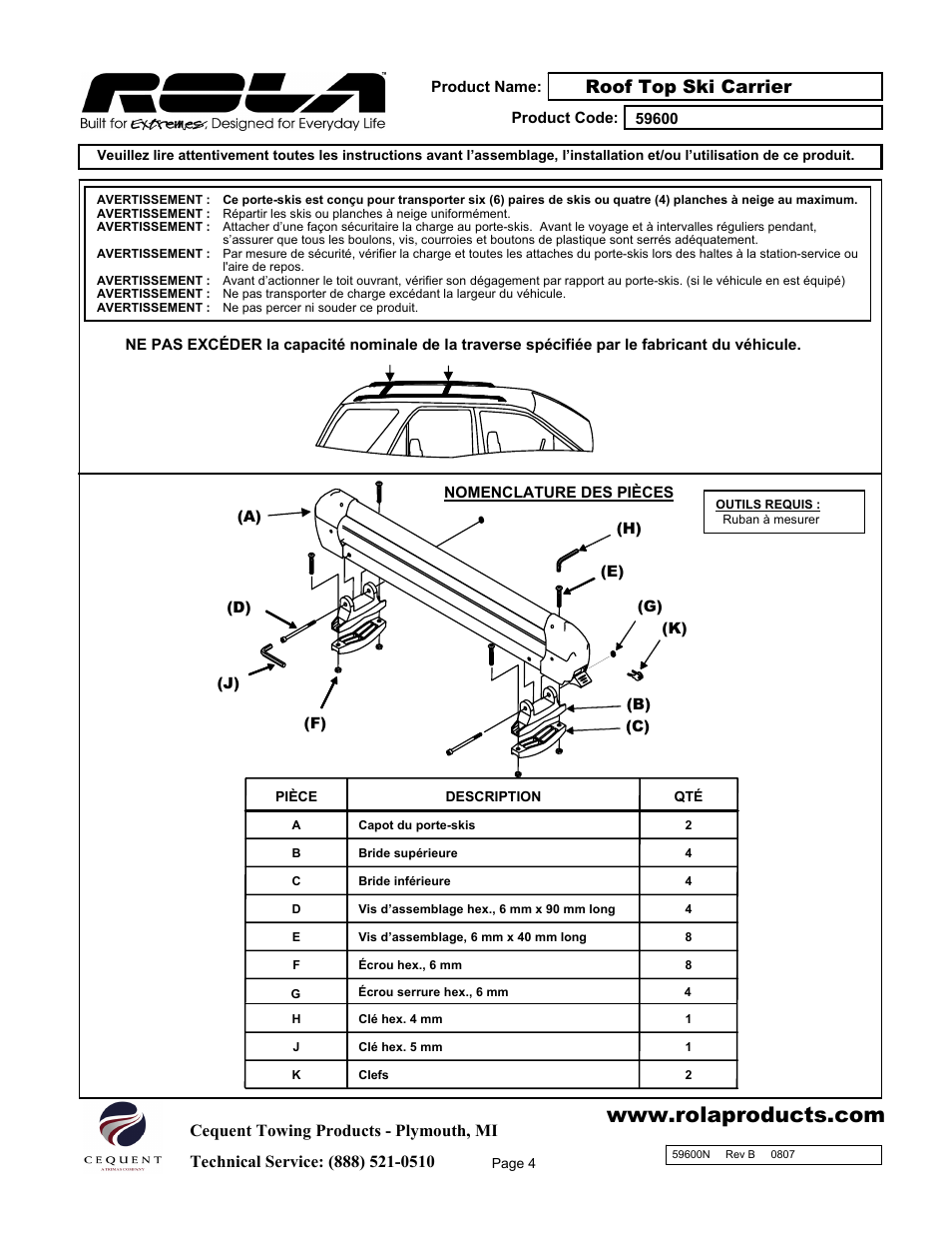 Roof top ski carrier | Draw-Tite 59600 ROOF TOP SKI CARRIER User Manual | Page 4 / 9
