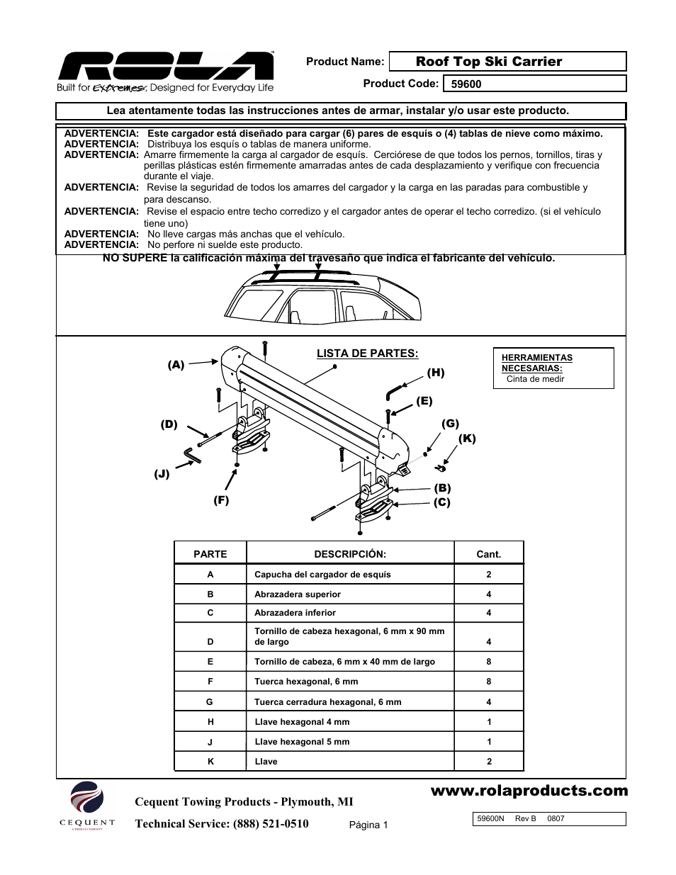 Roof top ski carrier | Draw-Tite 59600 ROOF TOP SKI CARRIER User Manual | Page 7 / 9