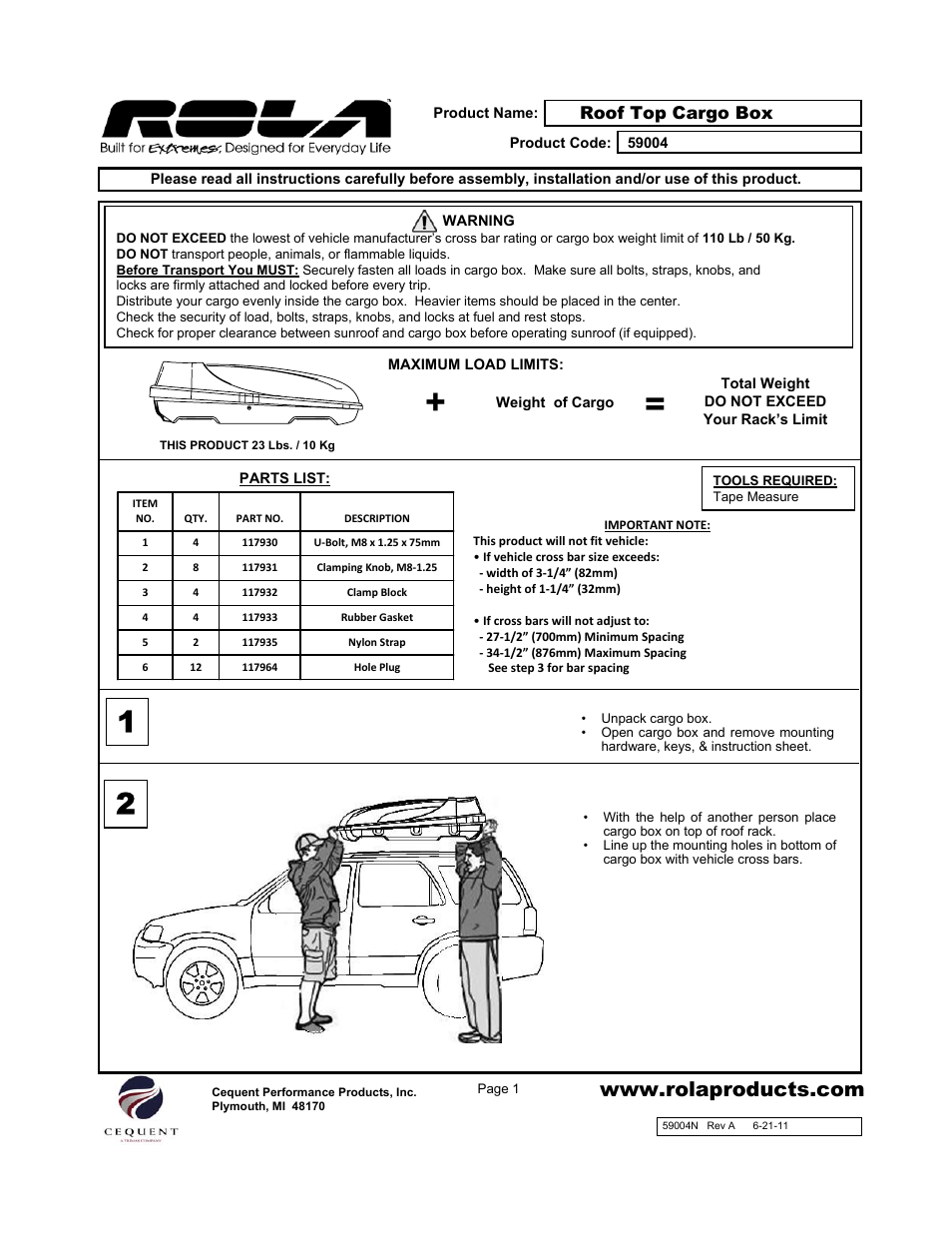 Draw-Tite 59004 ROOF TOP CARGO BOX User Manual | 9 pages