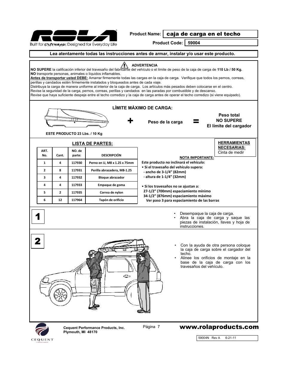 Caja de carga en el techo | Draw-Tite 59004 ROOF TOP CARGO BOX User Manual | Page 7 / 9