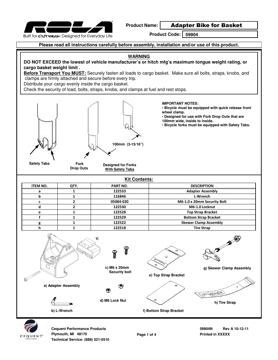 Draw-Tite 59904 BIKE MOUNTING ADAPTER KIT User Manual | 4 pages