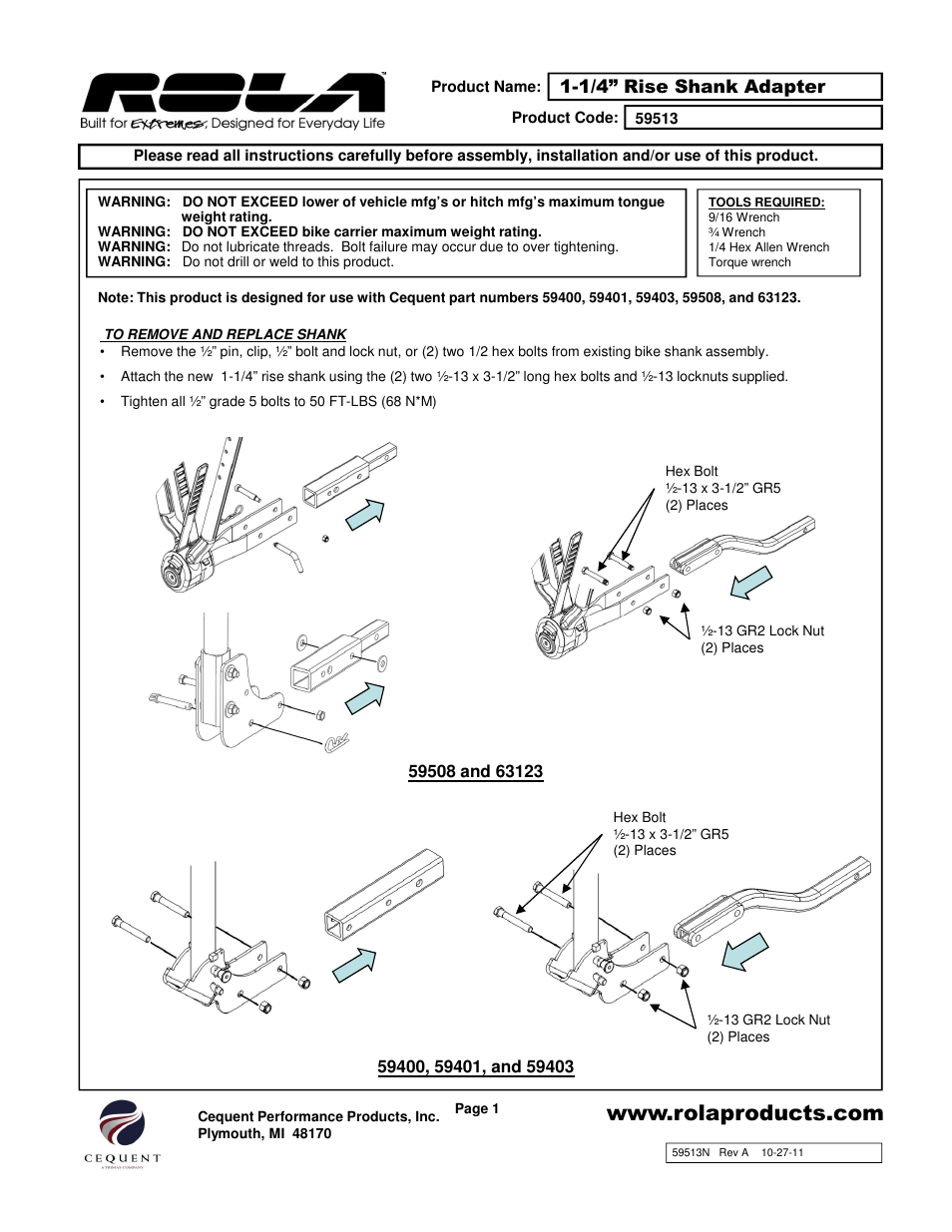 Draw-Tite 59513 ACCESSORY SHANK User Manual | 3 pages