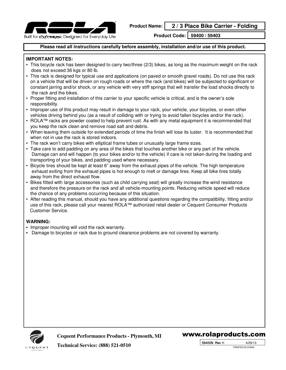 Draw-Tite 59400 BIKE CARRIER - TX W_TILT & SECURITY - HITCH MOUNT User Manual | Page 3 / 9
