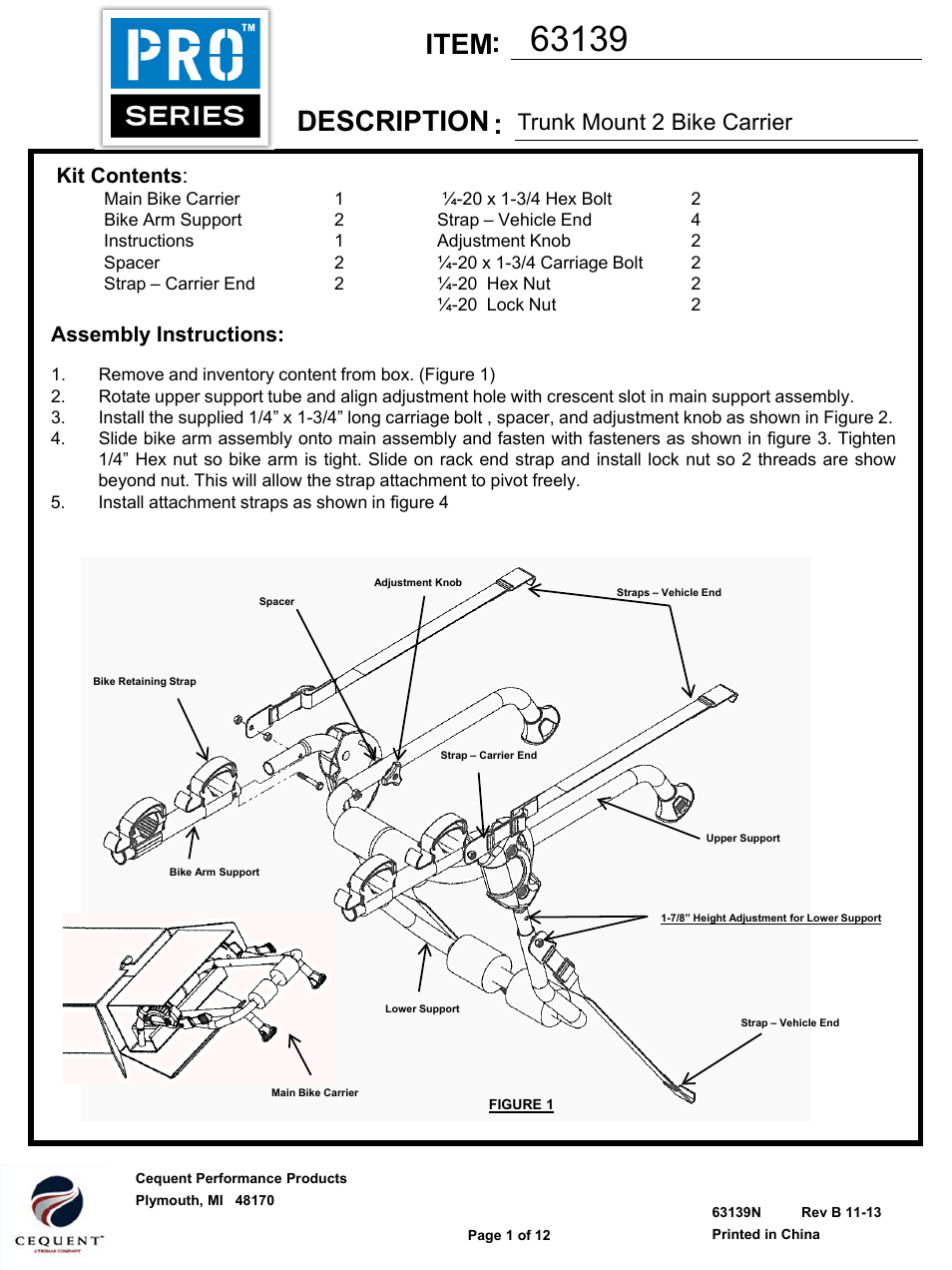 Draw-Tite 63139 BIKE CARRIER - PRO SERIES DUETTE - TRUNK MOUNT User Manual | 12 pages
