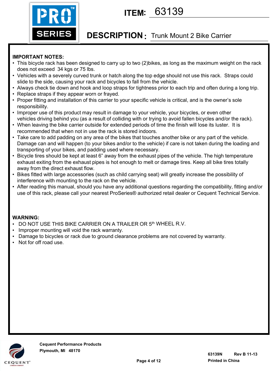 Slide number 4, Item description, Trunk mount 2 bike carrier | Draw-Tite 63139 BIKE CARRIER - PRO SERIES DUETTE - TRUNK MOUNT User Manual | Page 4 / 12