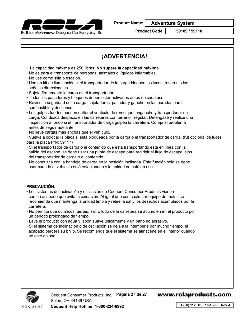 Advertencia | Draw-Tite 59110 ADVENTURE SYSTEM User Manual | Page 27 / 27
