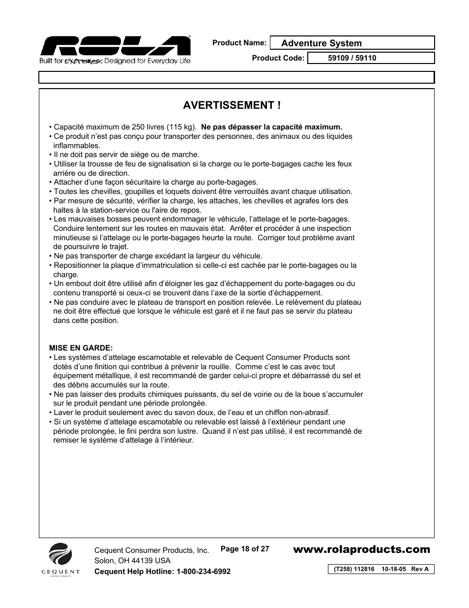 Avertissement | Draw-Tite 59109 ADVENTURE SYSTEM User Manual | Page 18 / 27