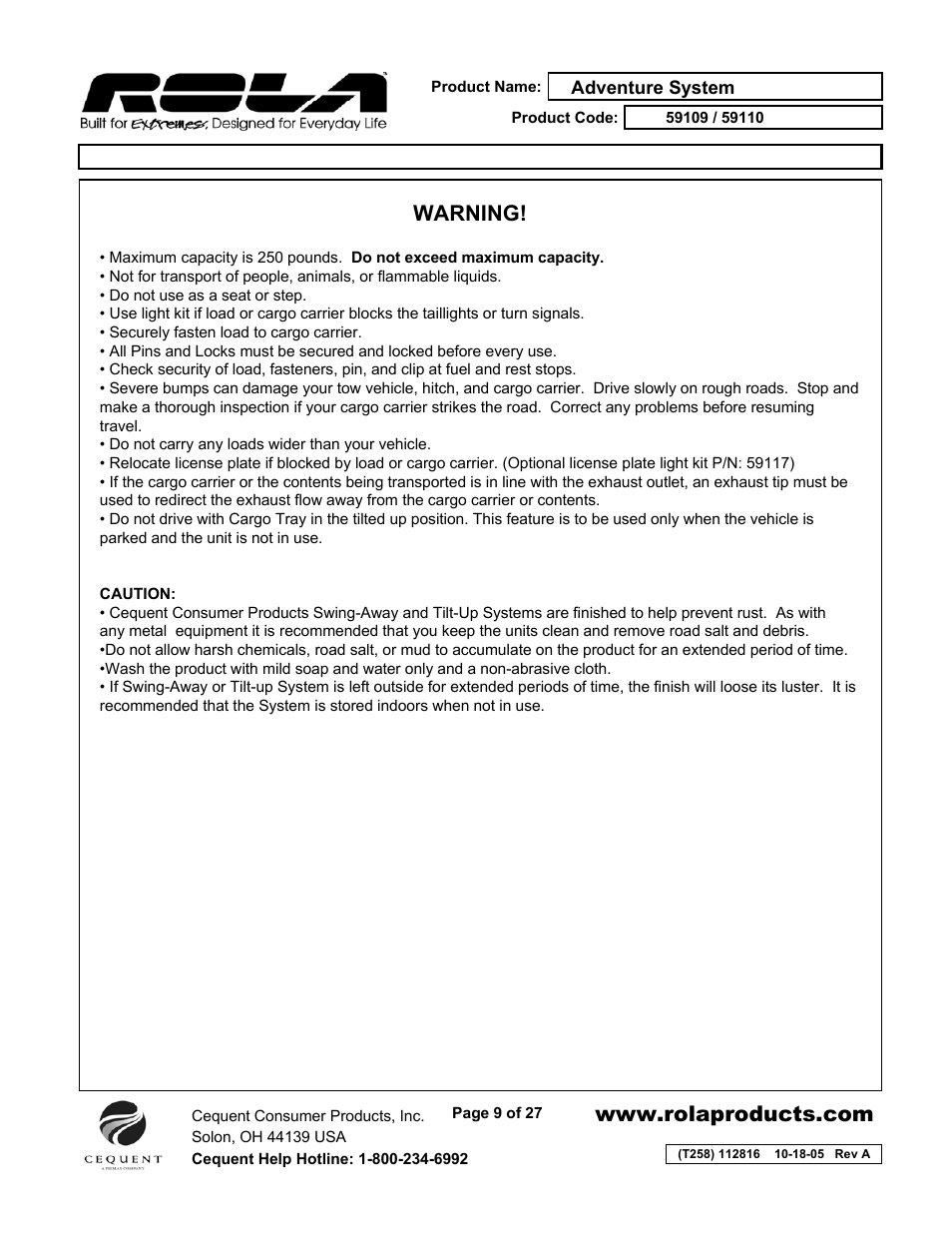 Warning | Draw-Tite 59109 ADVENTURE SYSTEM User Manual | Page 9 / 27