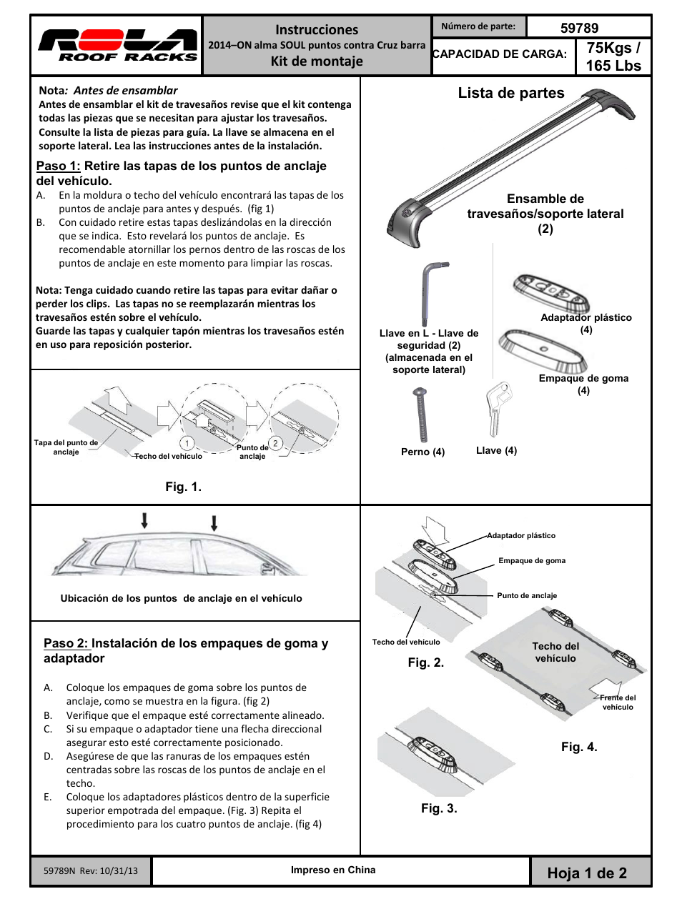 Slide number 3, Instrucciones, Kit de montaje | Lista de partes | Draw-Tite 59789 ROOF RACK User Manual | Page 3 / 6