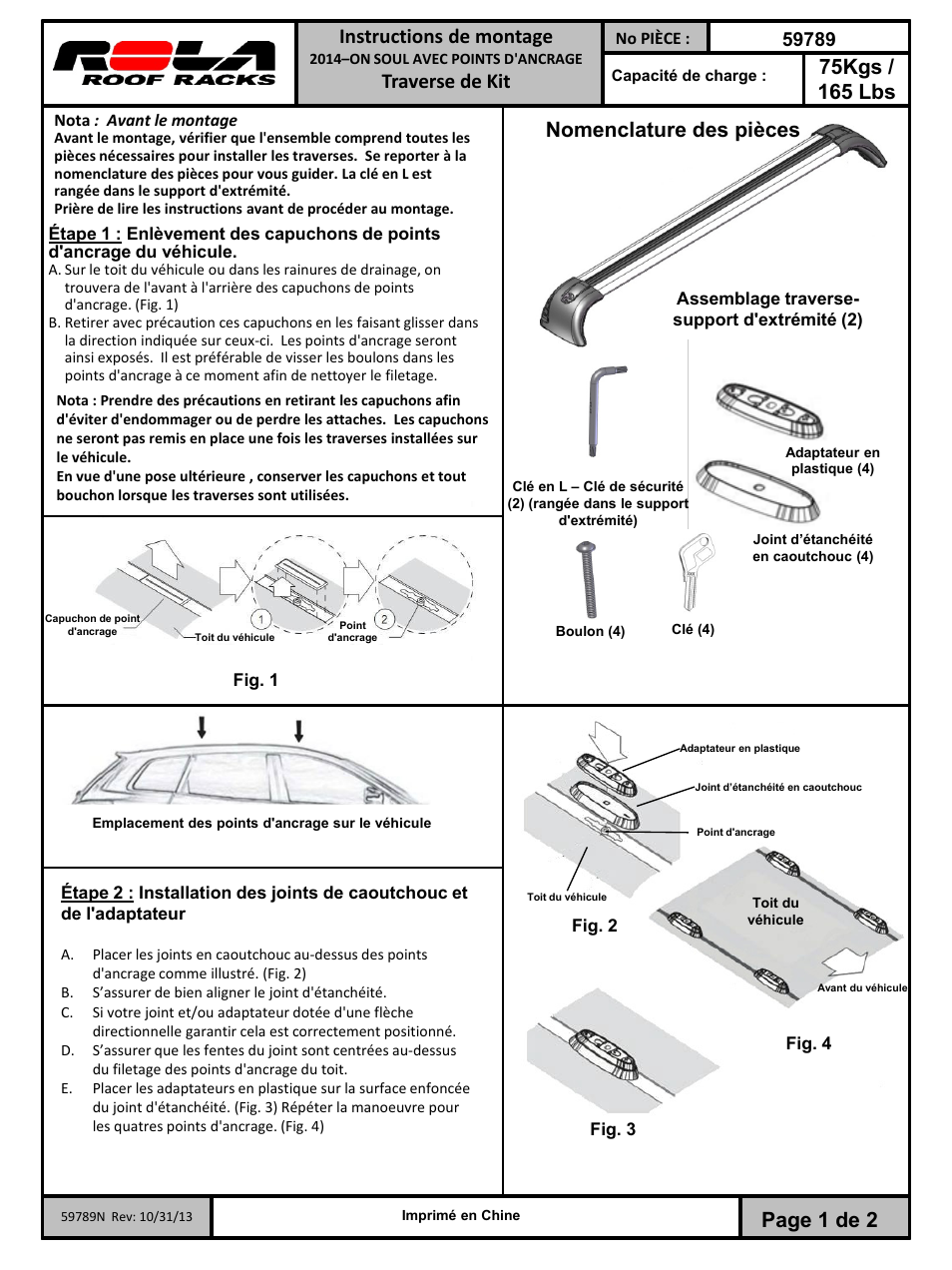 Slide number 5, Page 1 de 2, Nomenclature des pièces | Traverse de kit | Draw-Tite 59789 ROOF RACK User Manual | Page 5 / 6